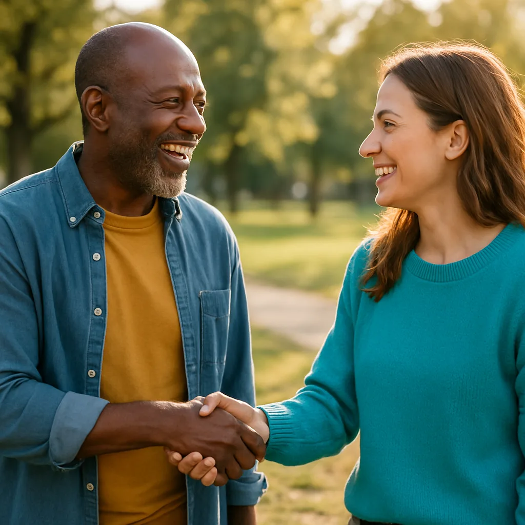 Two people meeting at a local park — genuinely local Gloucester dating