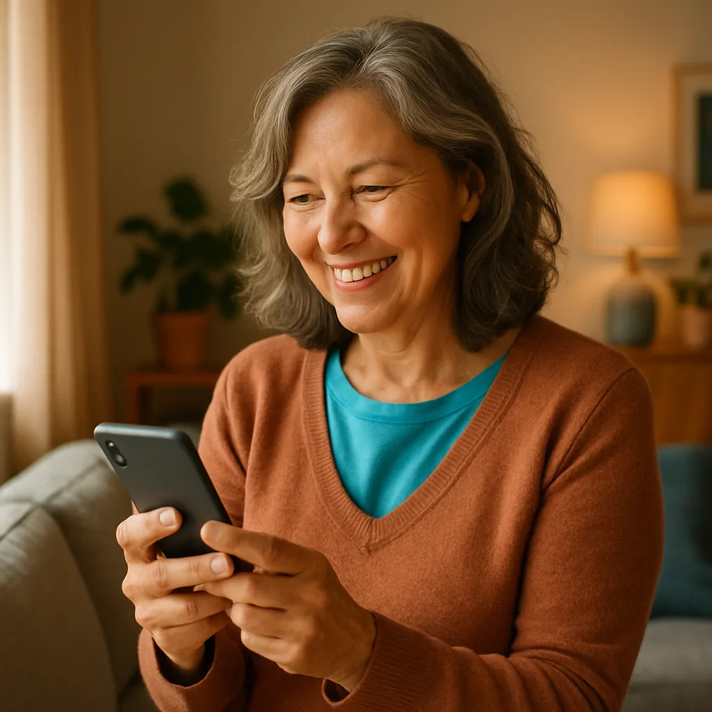 Smiling woman confidently checking her phone — verified profiles on The Gloucester Dating Site